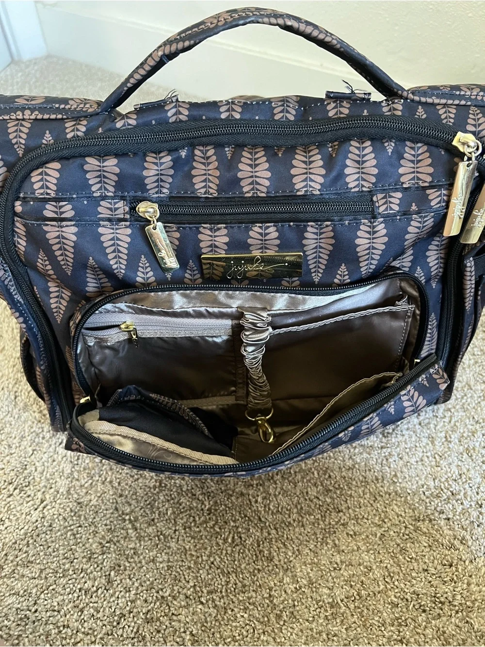 Ju-Ju-Be Brown Patterned Satchel Diaper Bag with Gold Hardware